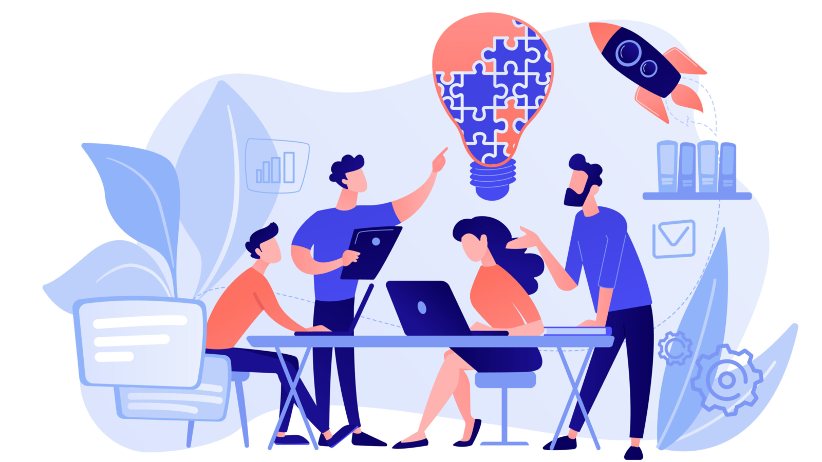 Business team brainstorm idea and lightbulb from jigsaw. Working team collaboration, enterprise cooperation, colleagues mutual assistance concept. Pinkish coral bluevector isolated illustration